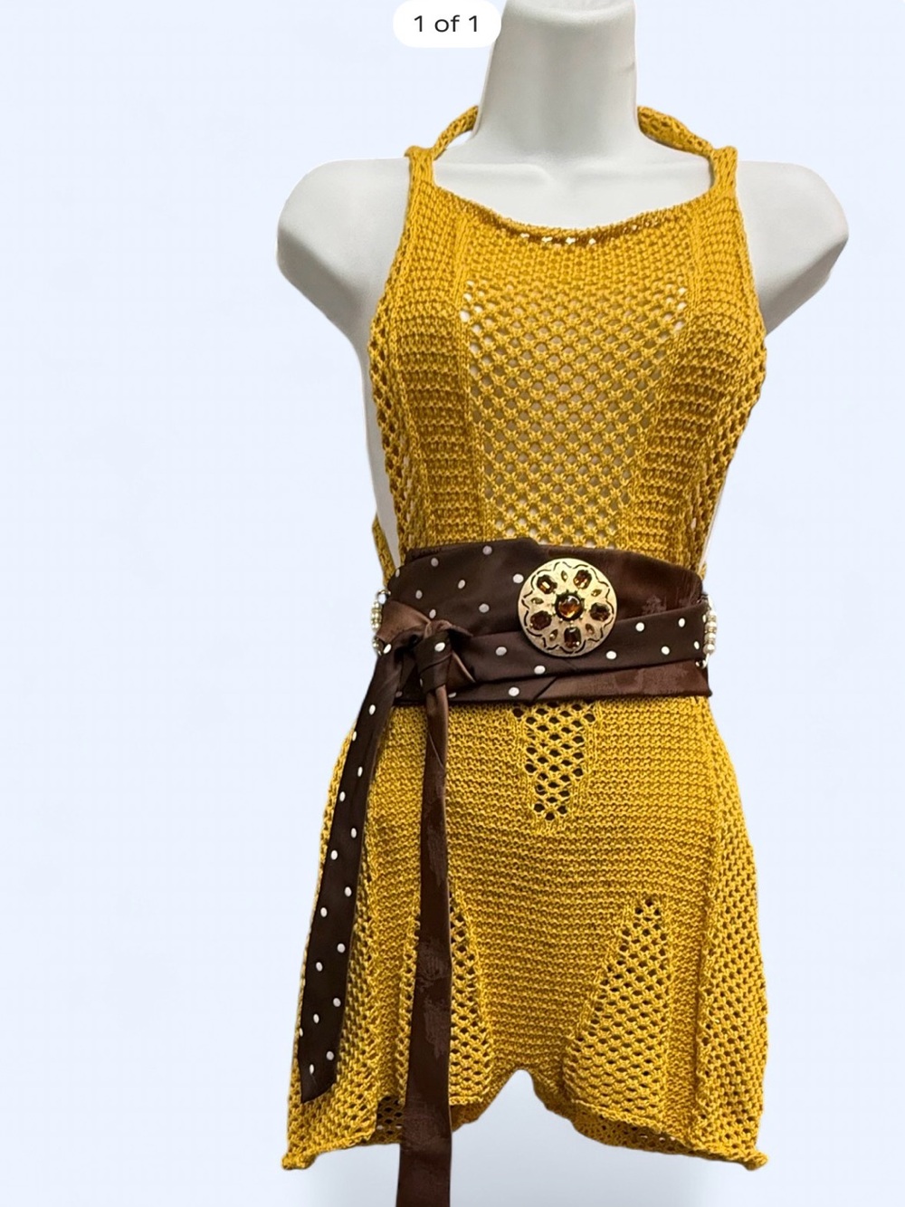 Silk NeckTie Belt Polka Dots Embellished Vintage Brooch Festival Wear OSFM Boho